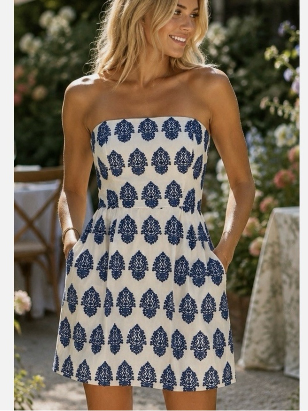 J. Crew Strapless Cotton Dress Cream Blue Filigree Mini Party Sundress Sz 00